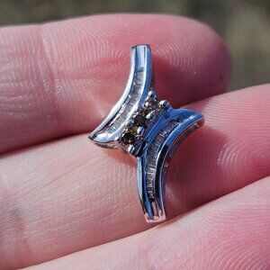 10K White Gold Chocolate Brown Diamond Ribbon Curved Cross Pendant Charm